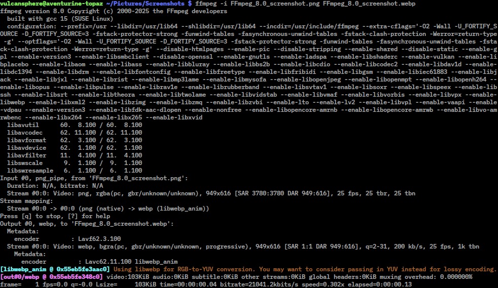 Окно терминала с выводом FFmpeg во время обработки файла