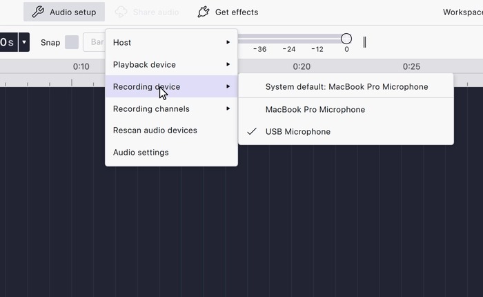 Меню Audio setup в Audacity с выбором USB Microphone в Recording device