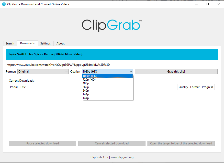 ClipGrab с выбором качества видео перед загрузкой