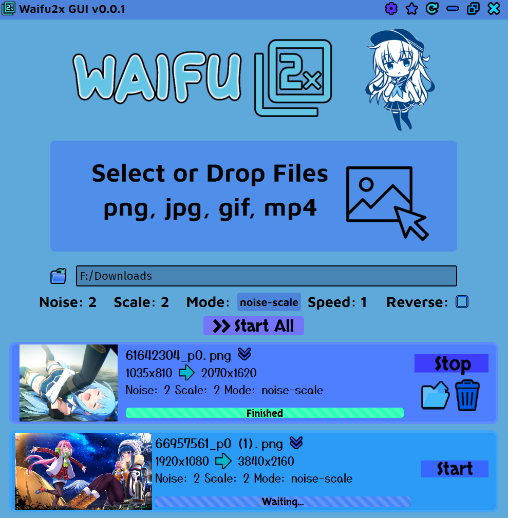 Пример графической оболочки Waifu2x с параметрами масштабирования и шумоподавления