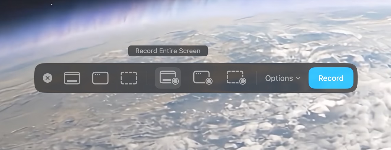 Панель записи экрана macOS с кнопками Options и Record