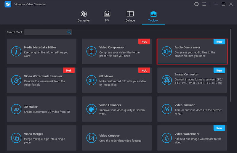 Toolbox Vidmore Video Converter с инструментом Audio Compressor