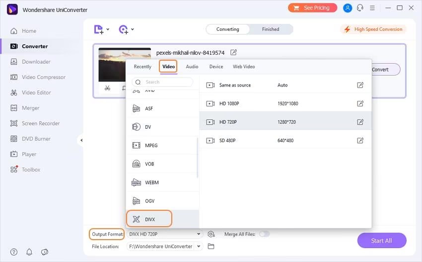 Выбор формата DivX в Wondershare UniConverter