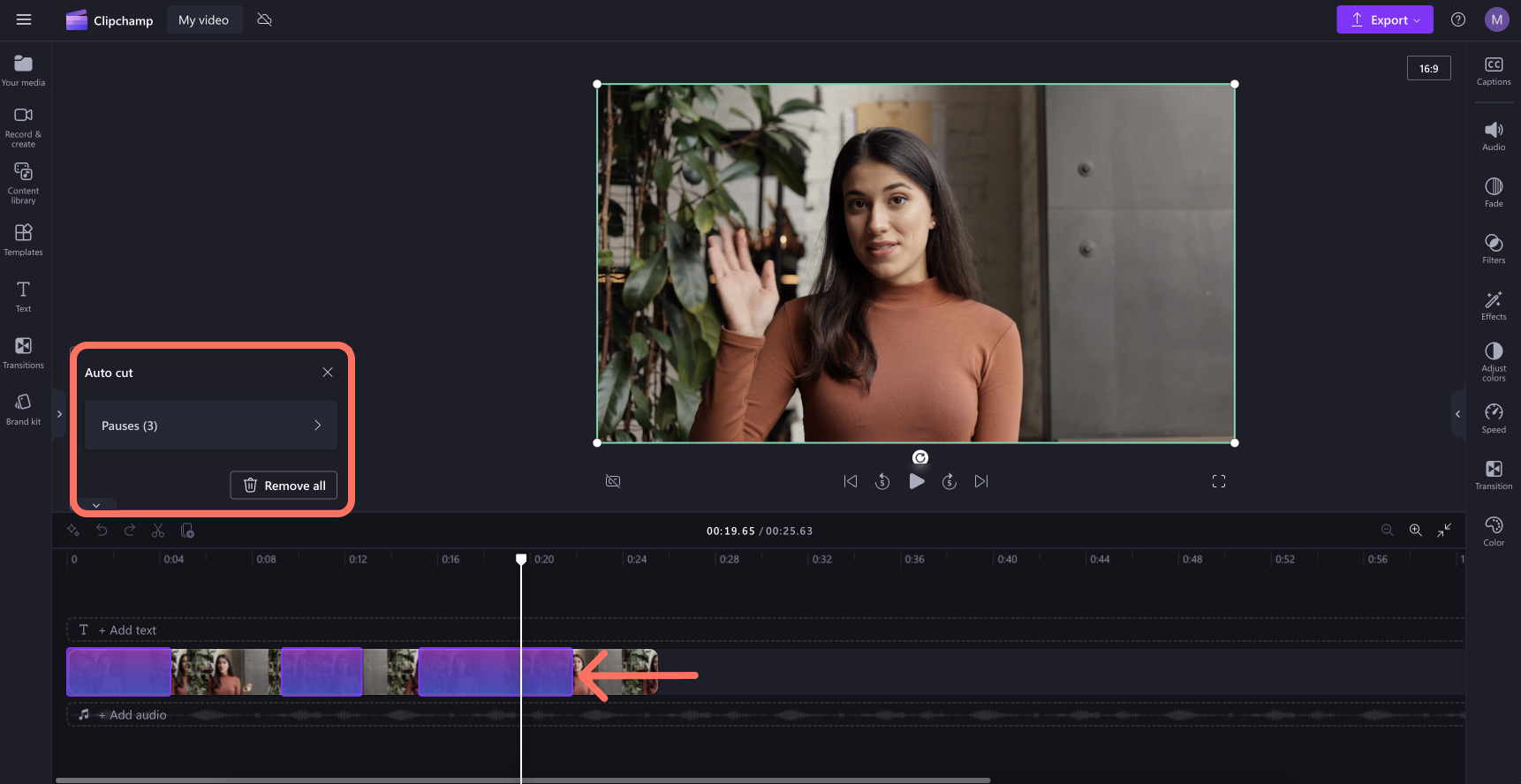 Удаление найденных пауз в Clipchamp с выбором отдельных фрагментов