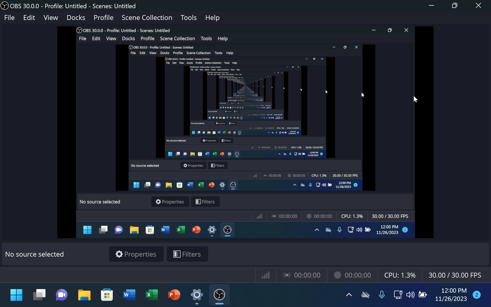 Рабочее окно OBS Studio с предпросмотром сцены и панелями управления