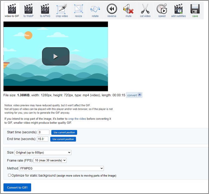 Настройки Ezgif Video to GIF со временем начала и конца, размером, FPS и числом циклов
