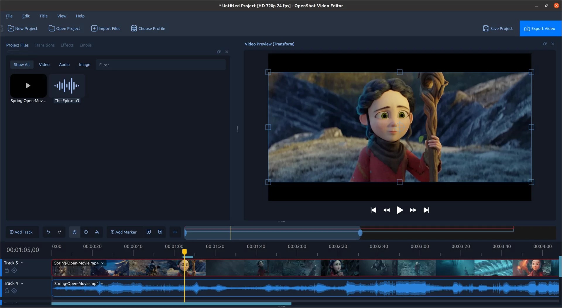 Интерфейс OpenShot 4.0 с двумя монтажными дорожками