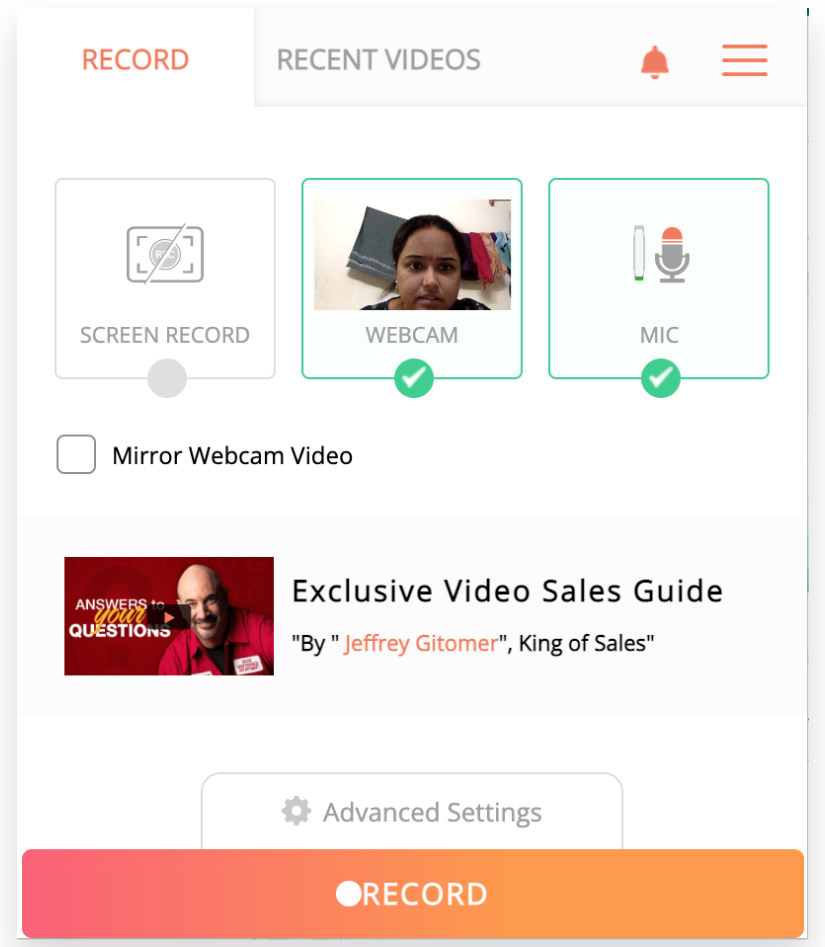 Панель Hippo Video с переключателями Screen Record, Webcam и Mic и кнопкой Record