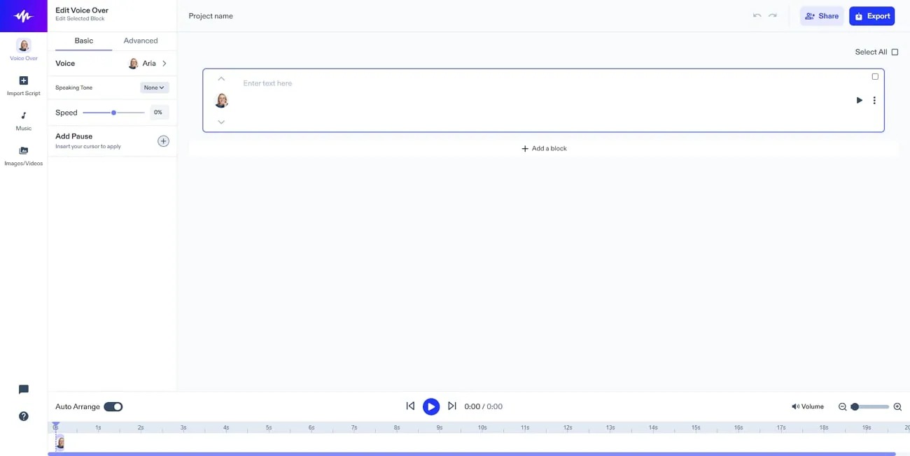 Рабочая область Speechify Studio Voice Over с текстовым блоком, голосом и временной шкалой