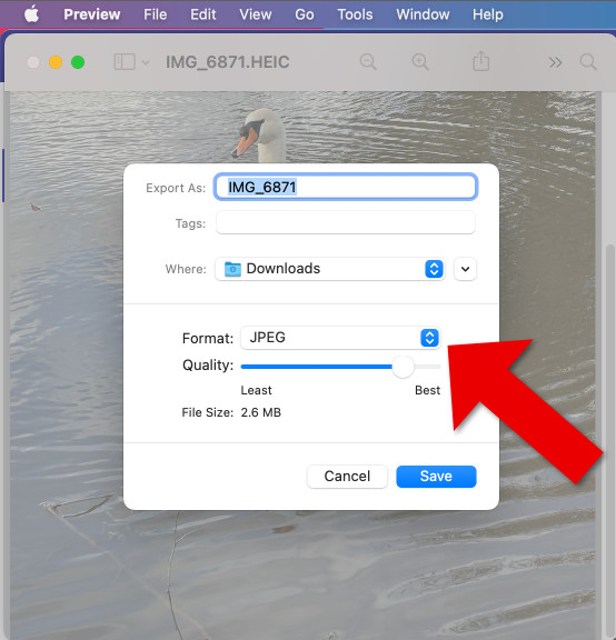 Окно Export в Preview на Mac с выбором JPEG и ползунком Quality