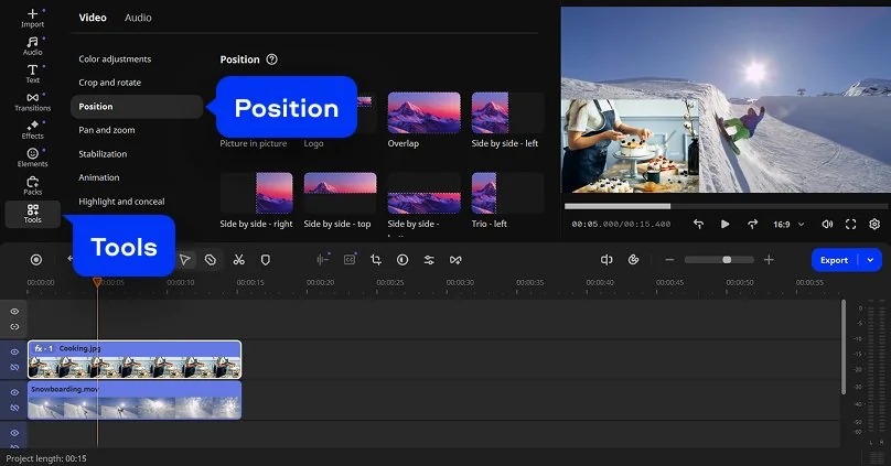 Интерфейс Movavi Video Editor с окном просмотра и многодорожечным таймлайном