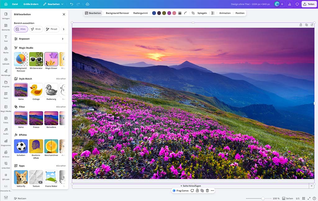 Интерфейс Canva с фотографией и инструментами Magic Eraser