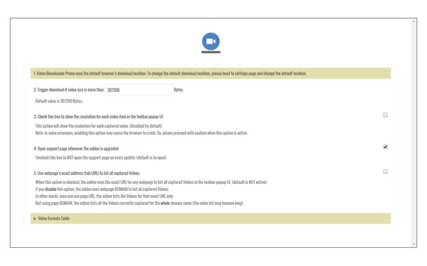 Страница настроек Video Downloader Prime в Opera