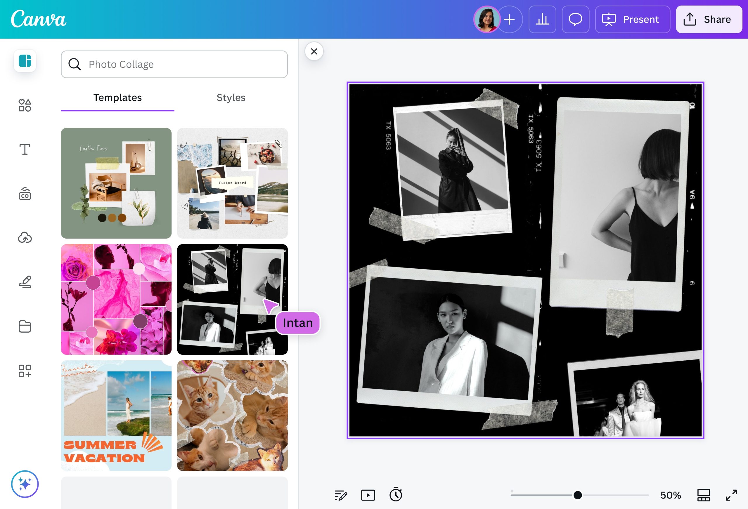 Редактор Canva с шаблонами фотоколлажей и готовым макетом на холсте