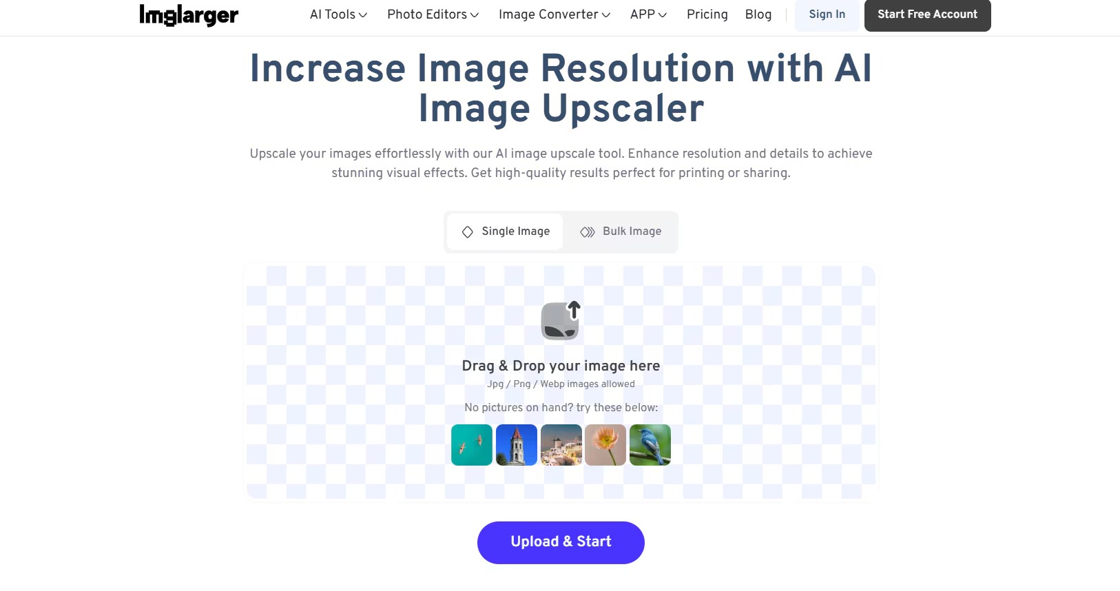 Веб-интерфейс AI Image Enlarger с загрузкой изображения и настройками увеличения