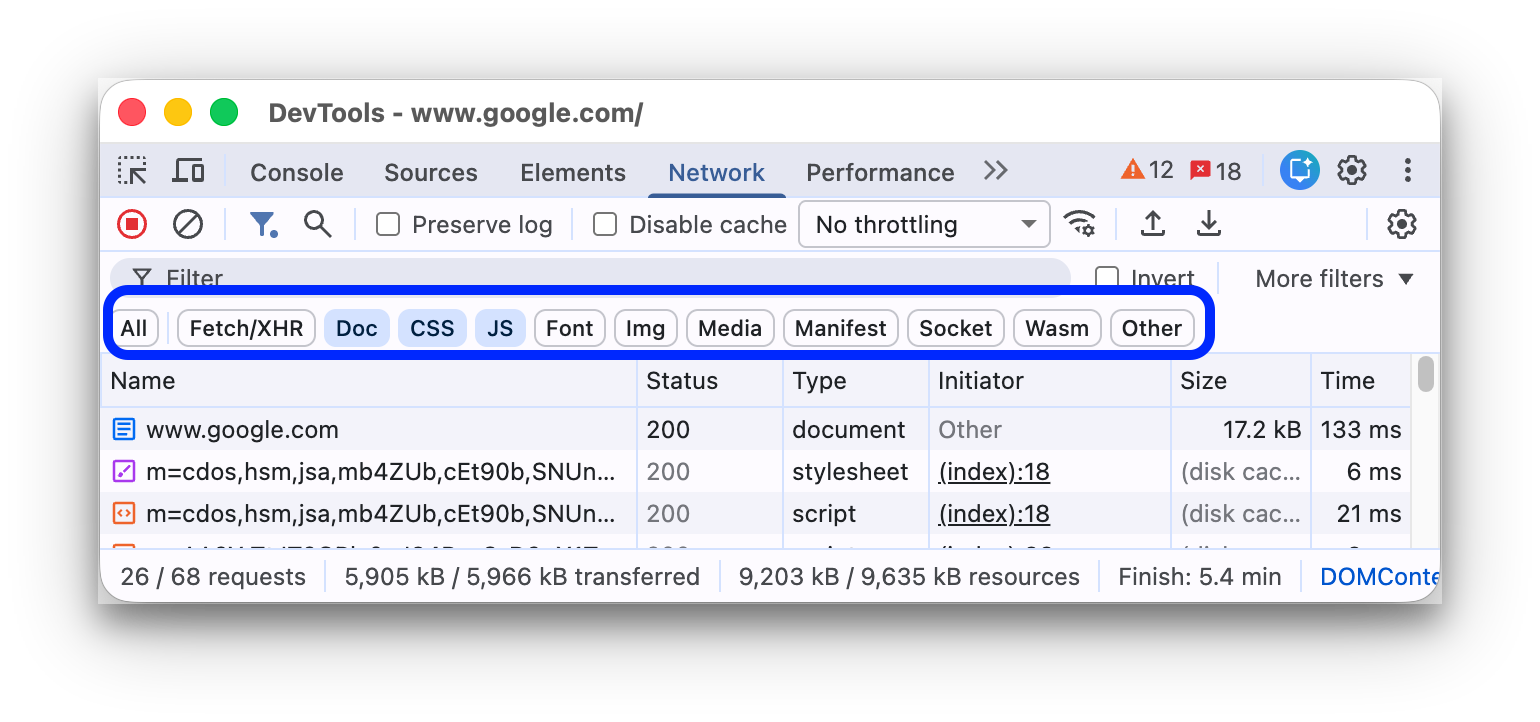 Фильтры типов в Network Chrome DevTools, включая Media