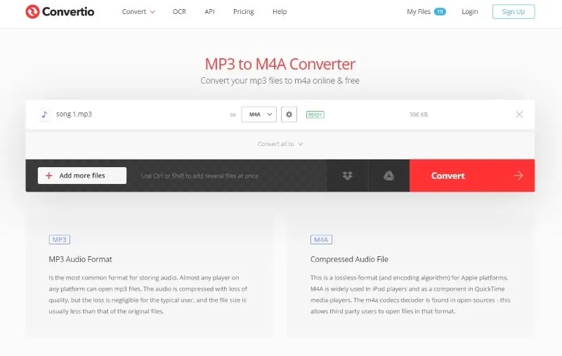 Интерфейс Convertio для преобразования MP3 в M4A