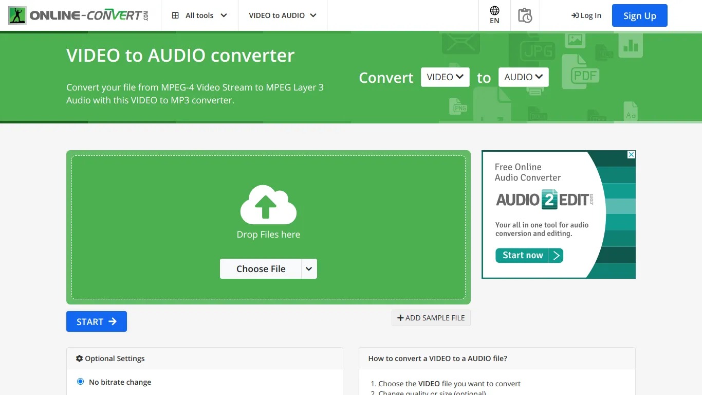 Интерфейс Online-Convert.com для преобразования аудио в MP3 с дополнительными параметрами