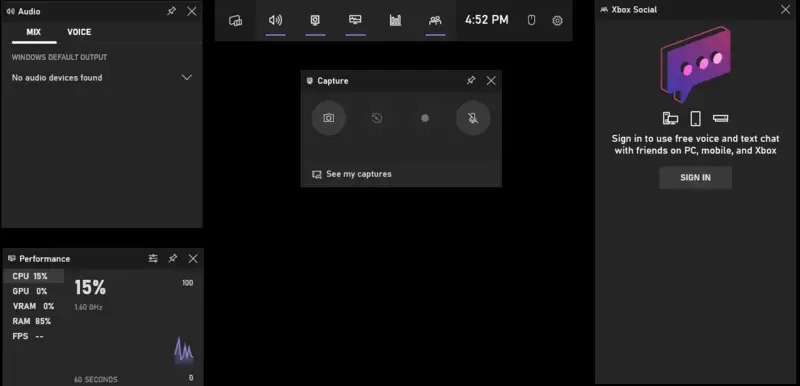 Интерфейс Xbox Game Bar с панелью Capture и настройками аудио