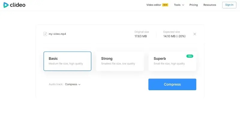Интерфейс Clideo Compress Video с режимами Basic Strong и Superb