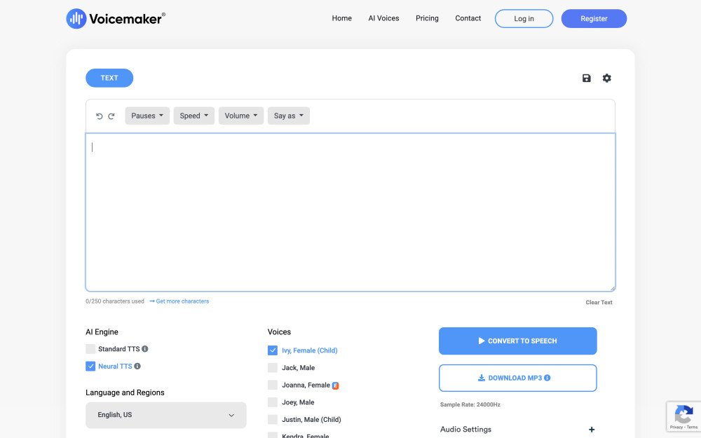 Веб-интерфейс Voicemaker с текстовым полем, выбором голоса и параметрами аудио