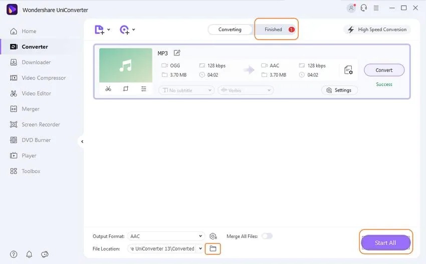 Завершённая конвертация MP3 в AAC в Wondershare UniConverter