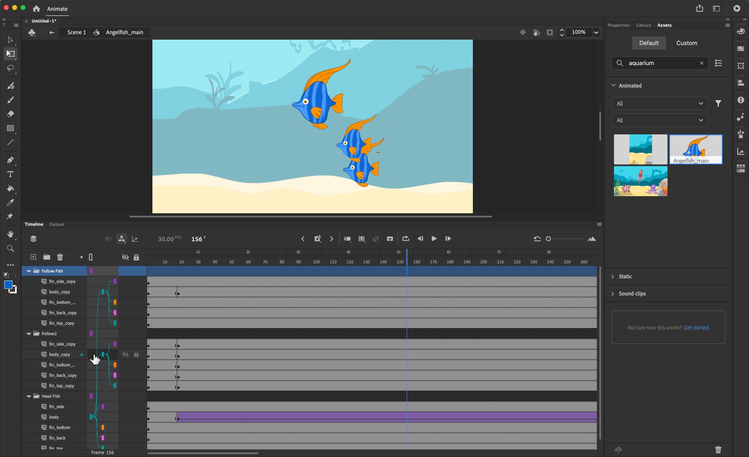 Рабочая область Adobe Animate с векторной сценой и временной шкалой