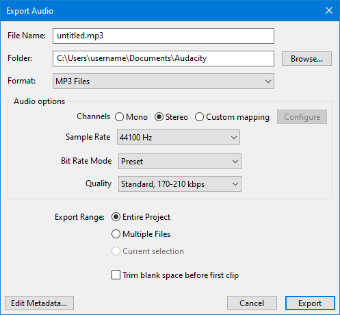 Окно экспорта MP3 в Audacity с настройками режима битрейта и каналов