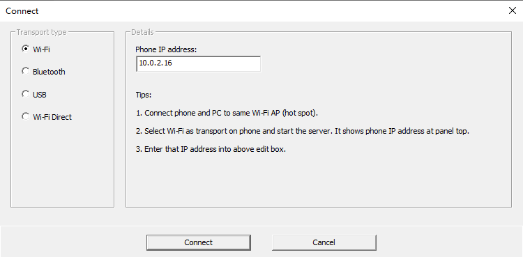 Окно WO Mic Client для подключения по Wi-Fi с полем IP-адреса телефона