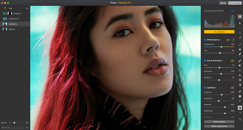 Интерфейс Pixelmator Pro с портретом, слоями и панелью цветокоррекции