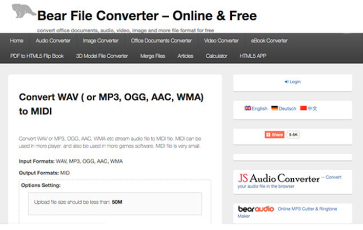 Онлайн-форма Bear File Converter для преобразования WAV в MIDI