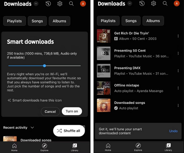 Раздел Downloads в мобильном приложении YouTube Music