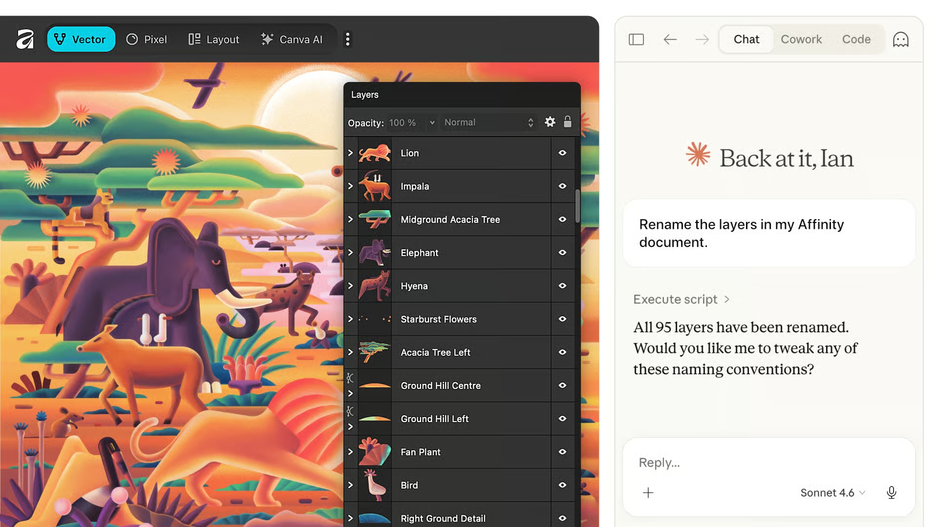 Современный интерфейс Affinity от Canva с фотографией и панелями редактирования