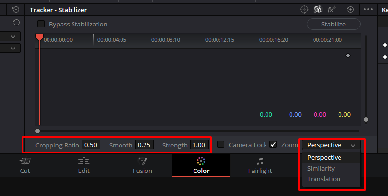 Панель стабилизации DaVinci Resolve в рабочем интерфейсе программы