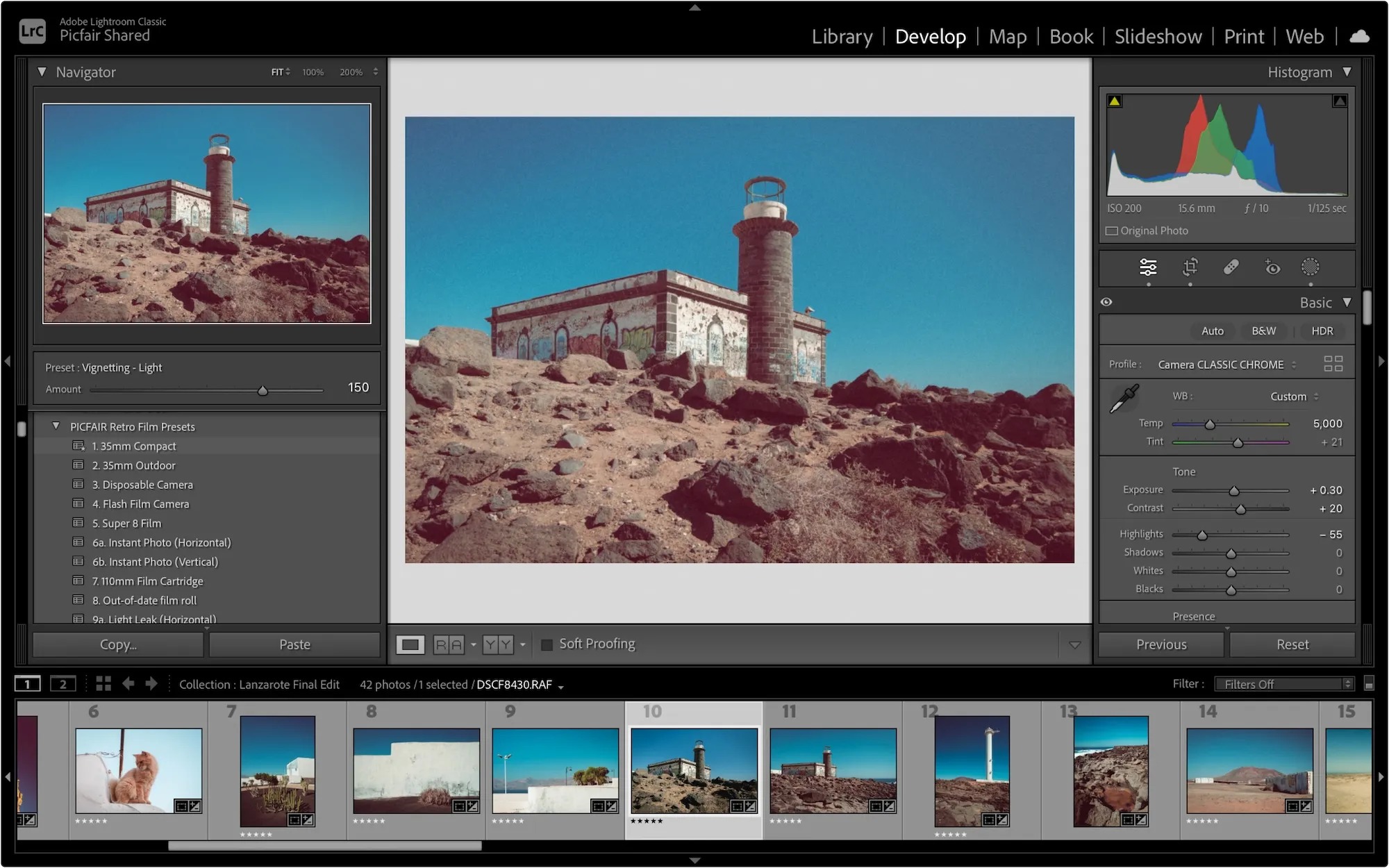 Интерфейс Adobe Lightroom с панелями обработки фотографии