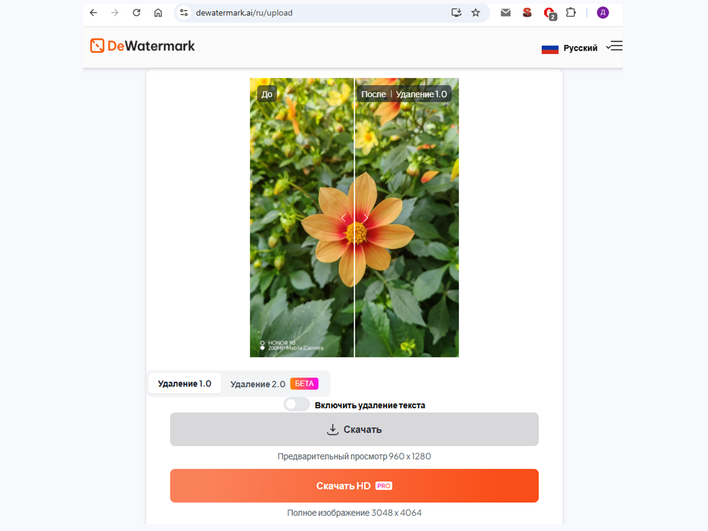 Интерфейс DeWatermark для автоматического и ручного удаления водяного знака