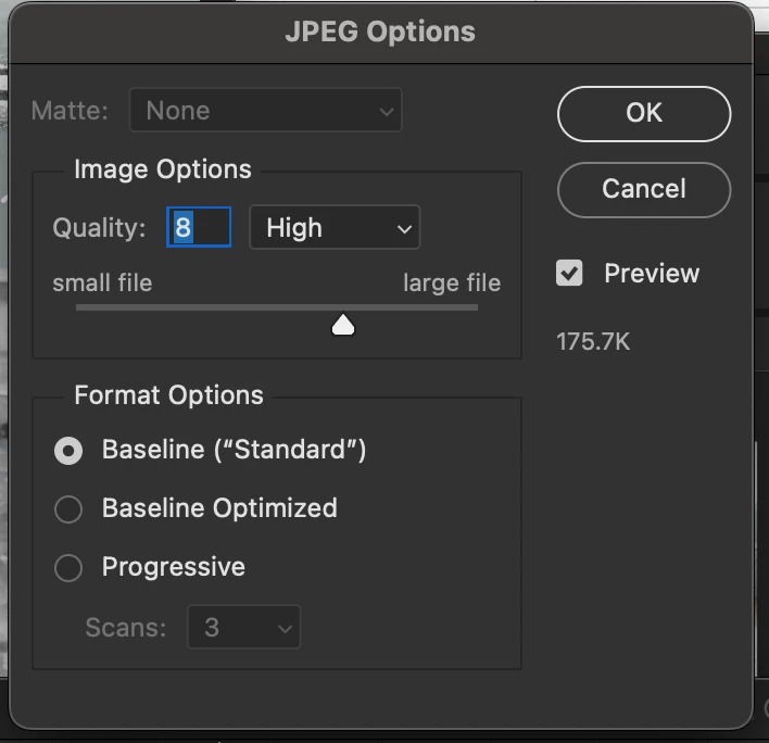 Окно JPEG Options в Adobe Photoshop с ползунком Quality и Preview