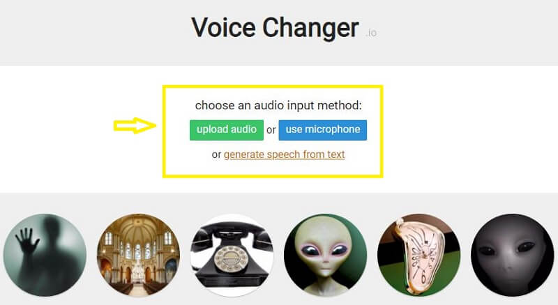 Интерфейс VoiceChanger.io с загрузкой аудио, записью с микрофона и иконками голосовых эффектов