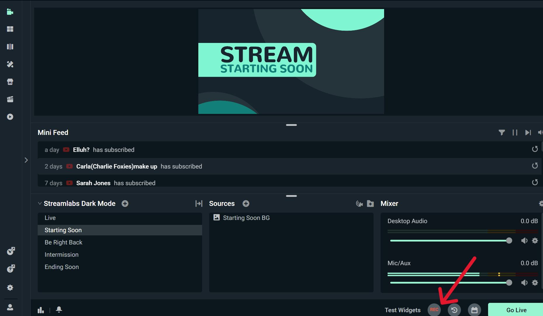 Интерфейс Streamlabs Desktop со сценами, источниками, аудиомикшером и кнопками записи и трансляции