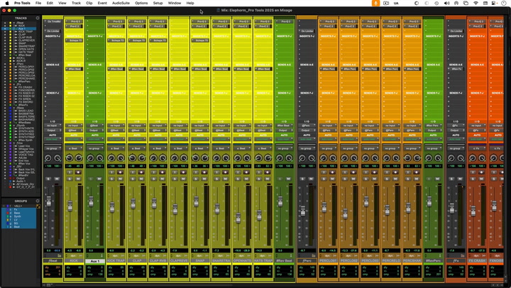 Микшер Pro Tools с каналами, посылами, маршрутизацией и фейдерами