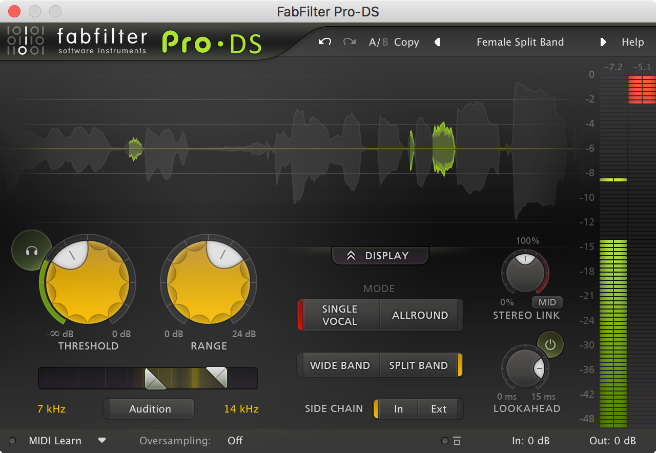 Интерфейс FabFilter Pro-DS с Threshold, Range, частотным диапазоном, Wide Band и Split Band