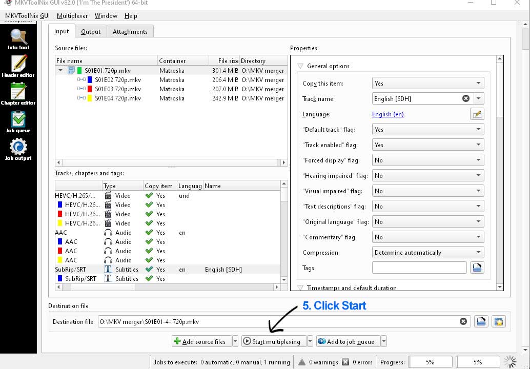 Окно Multiplexer в MKVToolNix GUI со списком дорожек