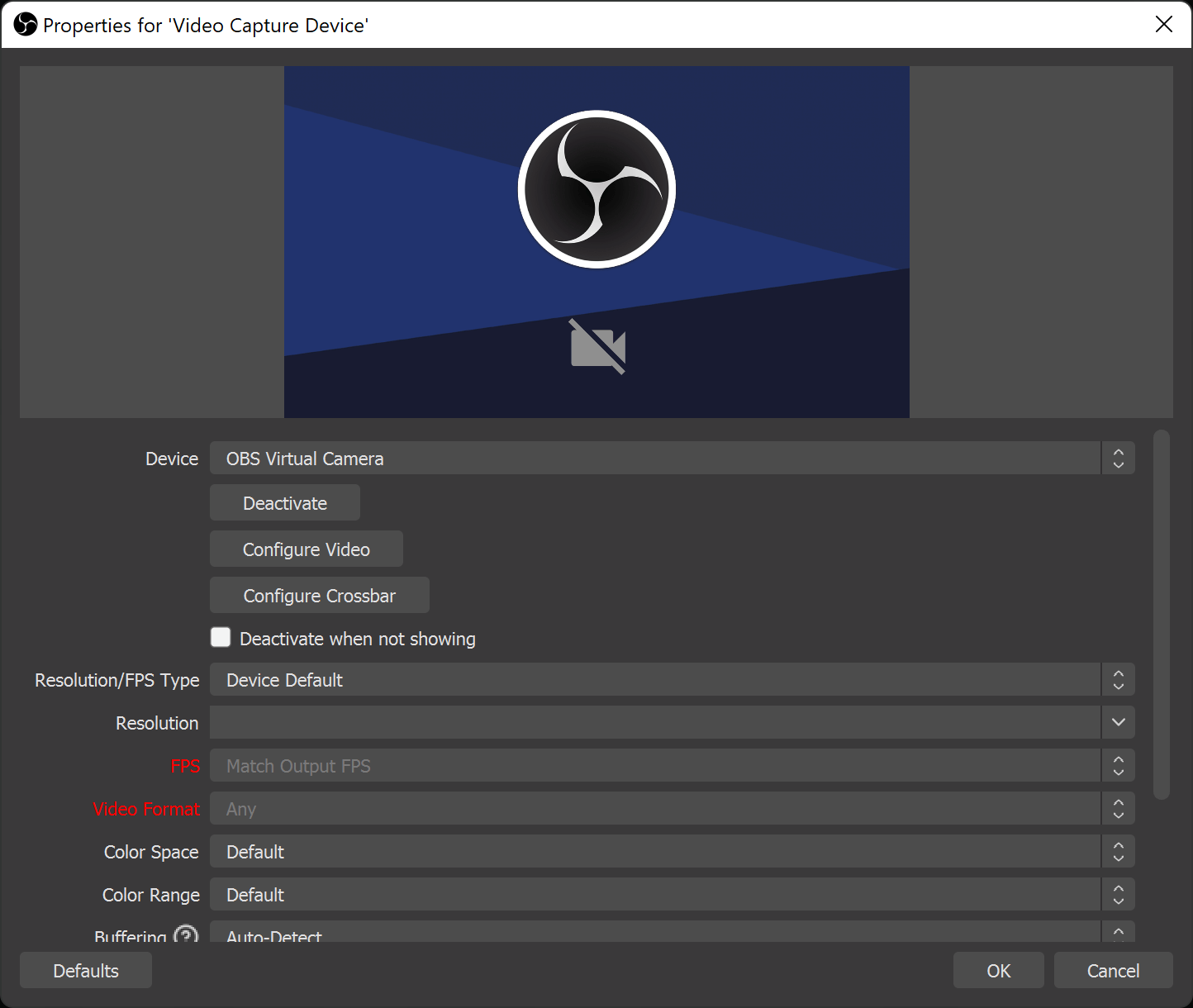 Свойства Video Capture Device в OBS Studio
