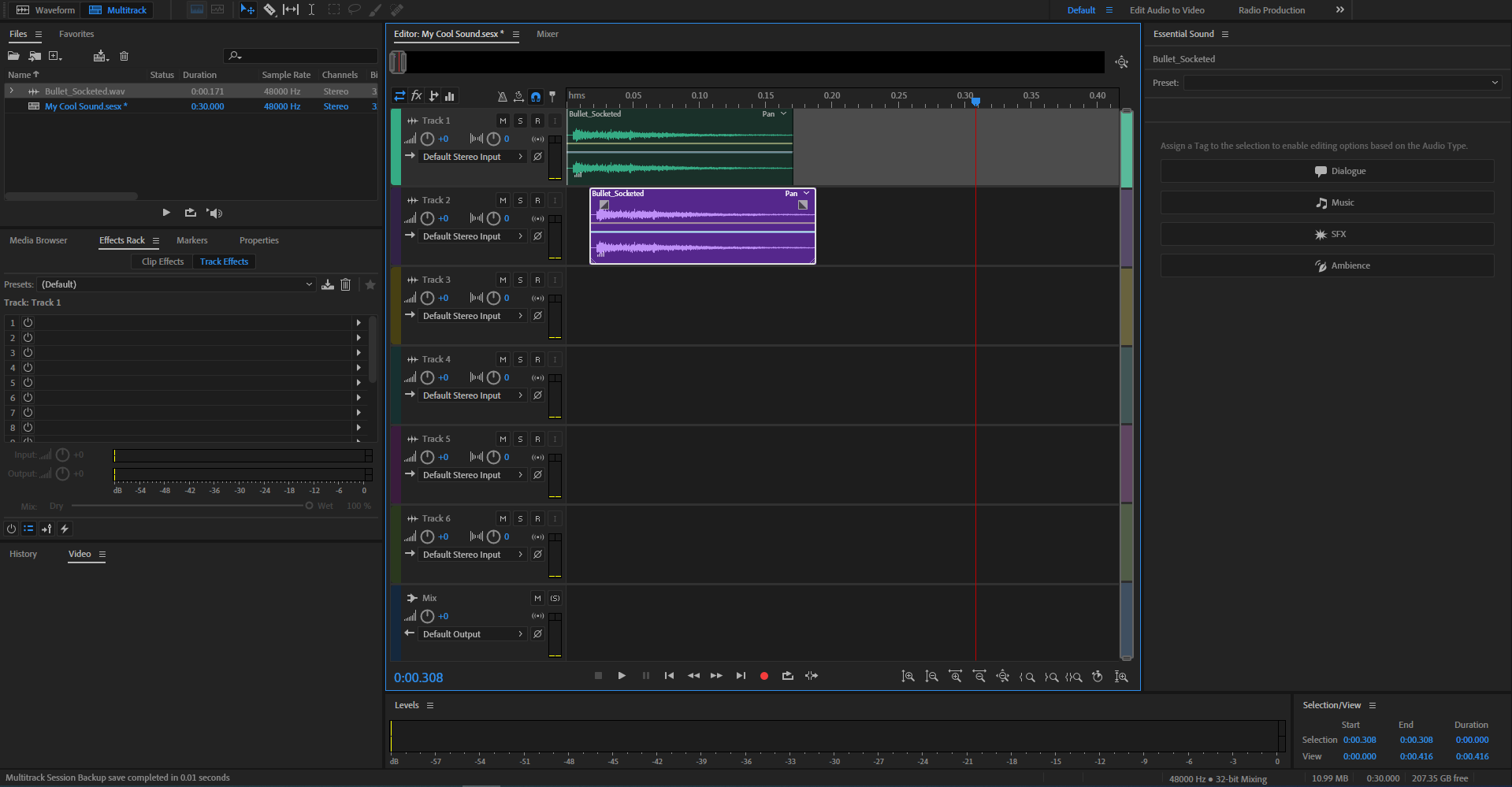 Многодорожечный интерфейс Adobe Audition с несколькими аудиоклипами