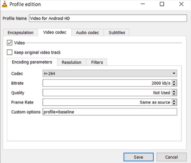 Редактор профиля VLC с вкладкой Video codec и настройками H.264, bitrate и frame rate