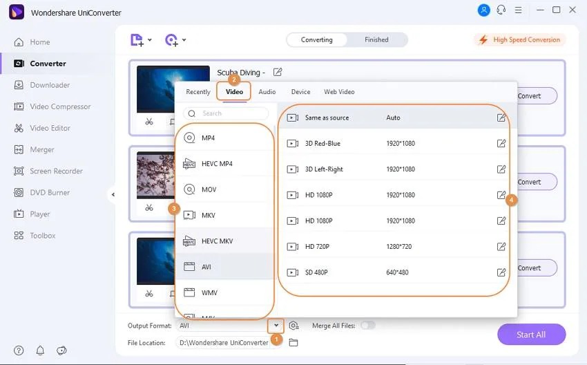 Выбор AVI в списке форматов Wondershare UniConverter