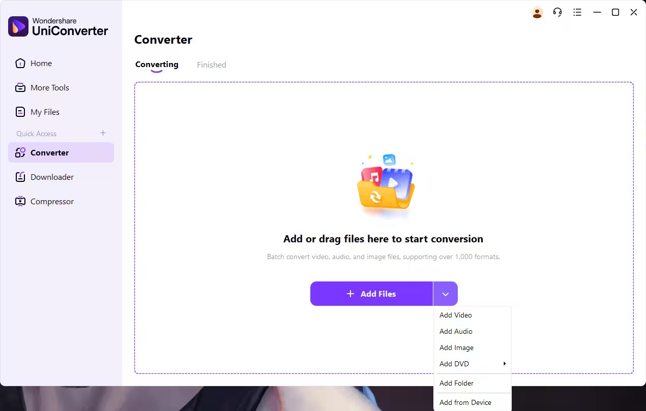 Wondershare UniConverter с кнопкой добавления медиафайлов