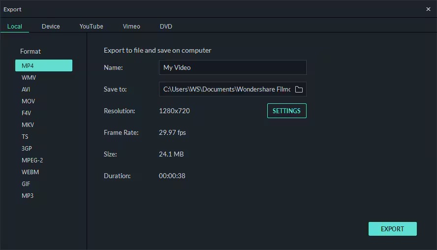 Окно экспорта Wondershare Filmora