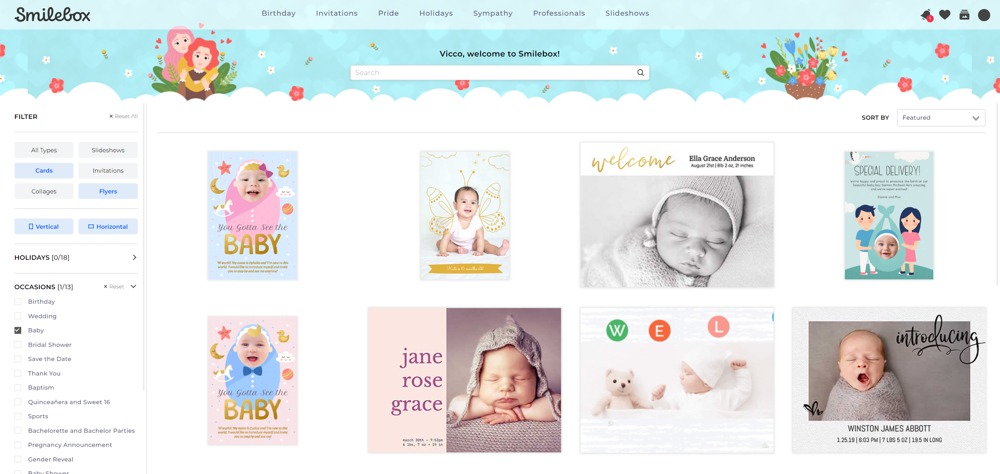 Интерфейс Smilebox с каталогом шаблонов приглашений