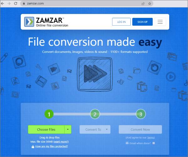 Интерфейс Zamzar для онлайн-конвертации файлов